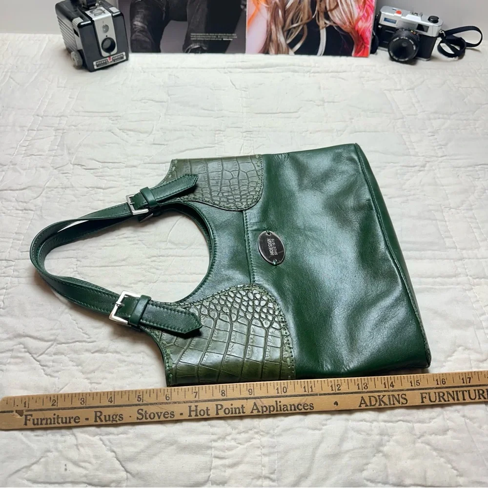 Hidesign Leather Shoulder Bag | Emerald Green Croc Embossed Y2K Purse